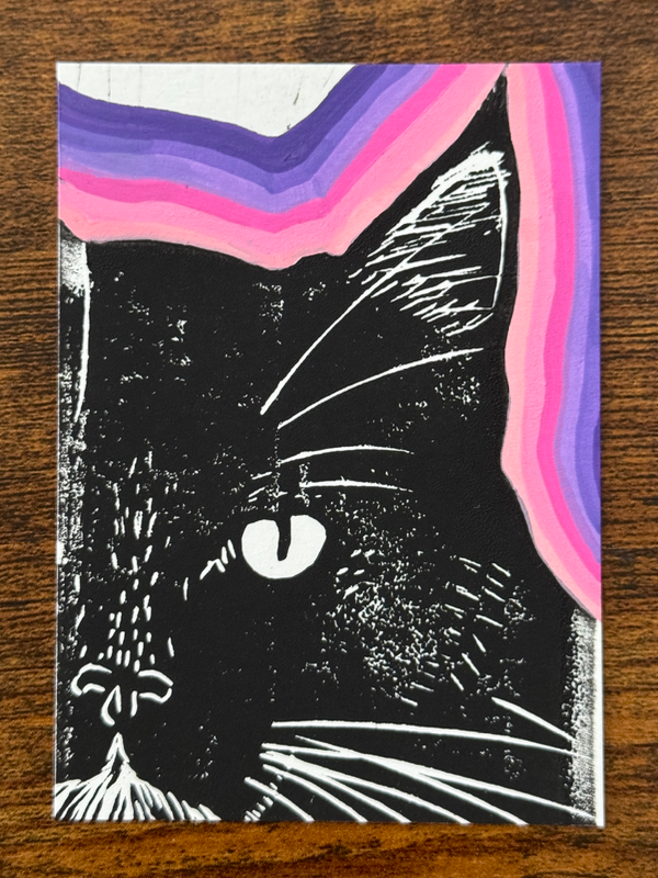 Tuxedo Chill, Cat, Hand-Carved Block Print Mixed Media aceo art card
