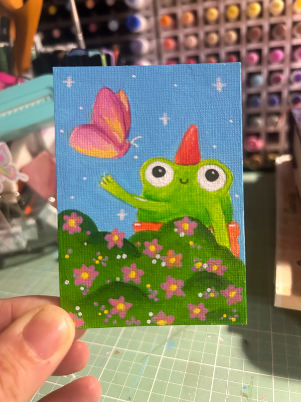 Froggy and butterfly aceo art card