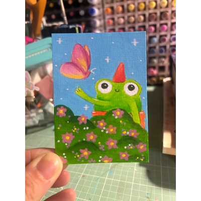 Froggy and butterfly aceo art card thumbnail 1