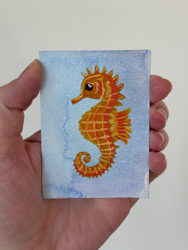 Watercolor and acrylic seahorse aceo art card