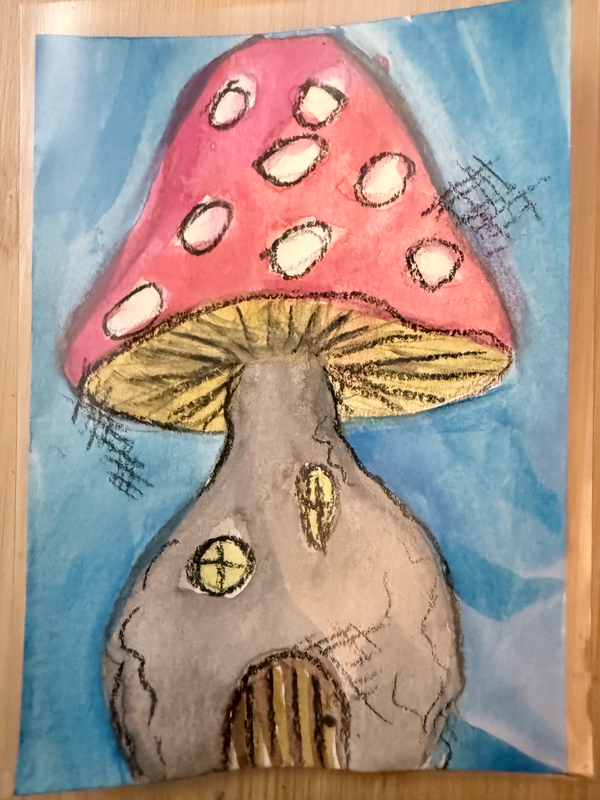 A mushroom house aceo art card