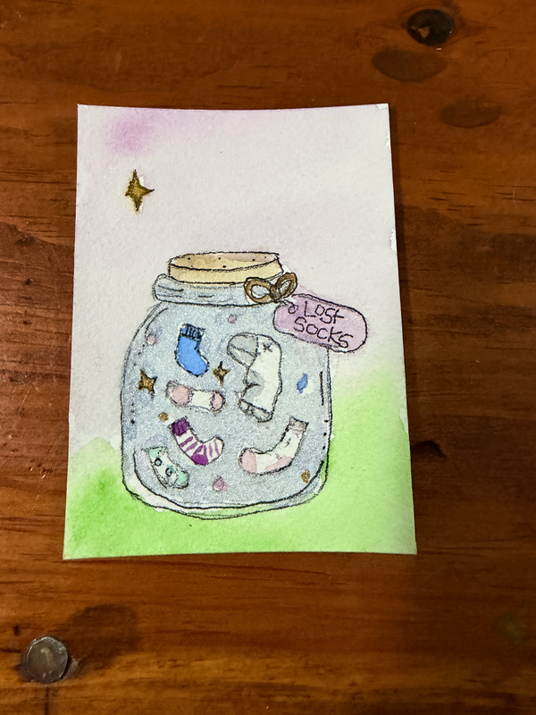 Jar of Lost Socks – Original Watercolor ACEO Miniature Painting | Whimsical Funny Art aceo art card