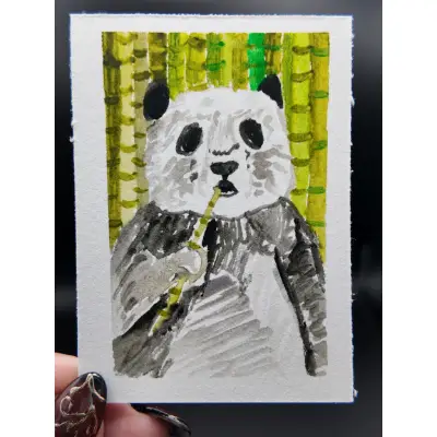 Panda Original ACEO — Watercolor on Watercolor Paper By Melody, Age 13 aceo art card thumbnail 1