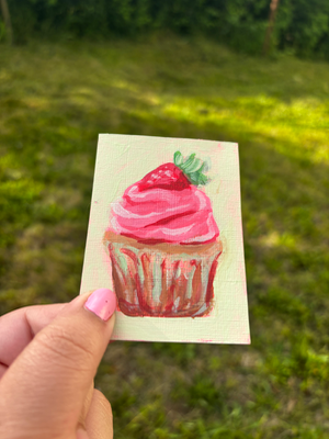 “Neon CupCake” Acrylic Painting Food aceo art card thumbnail 3