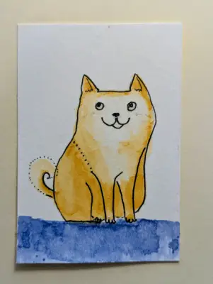 ACEO Cartoon Dog Shiba Inu Cute Kawaii Watercolor Original OOAK aceo art card thumbnail 1