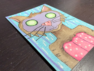ACEO Whimsical Original Art  Cat getting a spa facial Elizabeth Durant Art aceo art card thumbnail 3