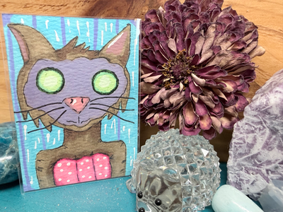 ACEO Whimsical Original Art  Cat getting a spa facial Elizabeth Durant Art aceo art card thumbnail 2