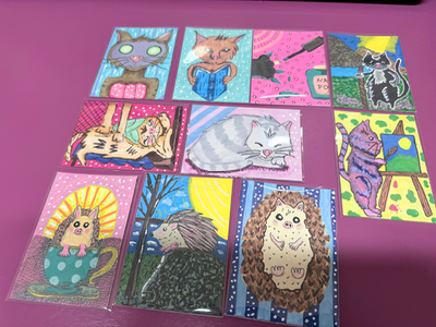 ACEO Whimsical Original Art  Cat getting a spa facial Elizabeth Durant Art aceo art card thumbnail 4