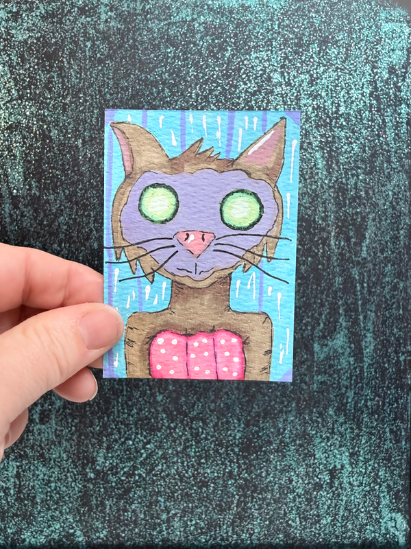 ACEO Whimsical Original Art Cat getting a spa facial Elizabeth Durant Art aceo art card
