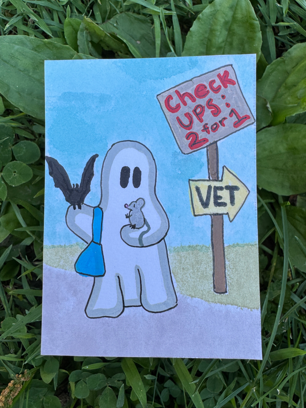 Gertrude runs Errands Series 6/8: Vet visits aceo art card
