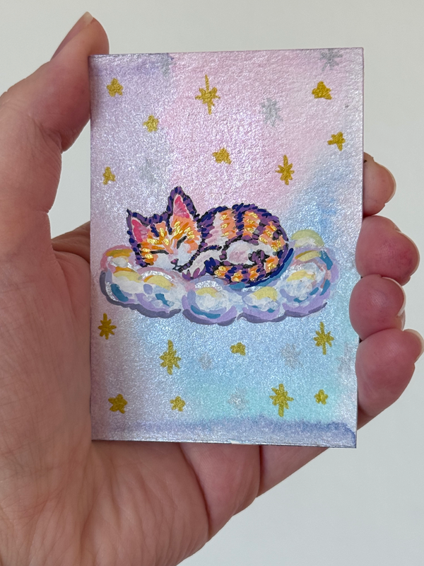 Sleeping Cat on Cloud Mini Painting Watercolor Acrylic Marker Dreamy Art aceo art card