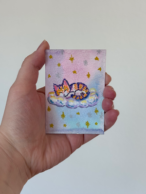 Sleeping Cat on Cloud Mini Painting Watercolor Acrylic Marker Dreamy Art aceo art card thumbnail 2
