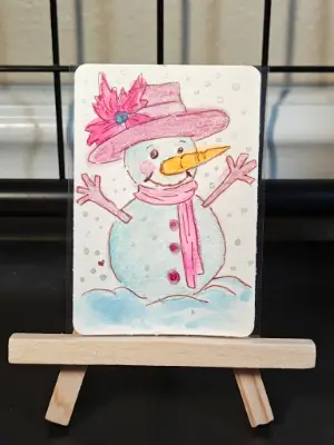 ACEO Snow Man cuties happy hugs fun in the snow by Jazmin aceo art card thumbnail 2