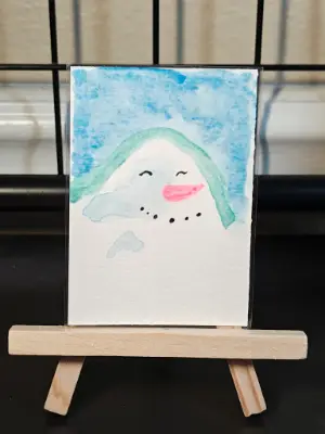 ACEO Snow Man cuties happy hugs fun in the snow by Jazmin aceo art card thumbnail 1