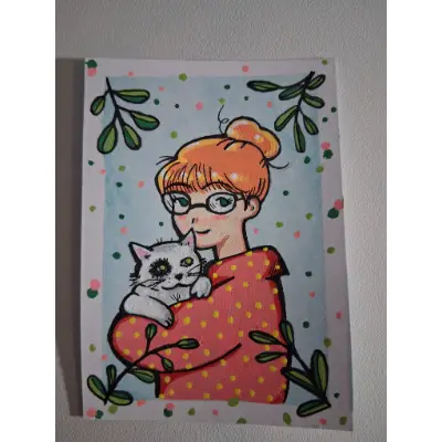 Girl & Cat aceo art card thumbnail 3