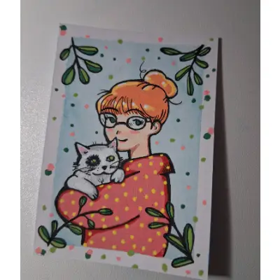 Girl & Cat aceo art card thumbnail 2