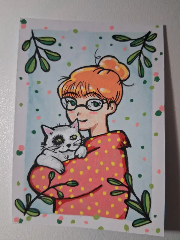 Girl & Cat aceo art card