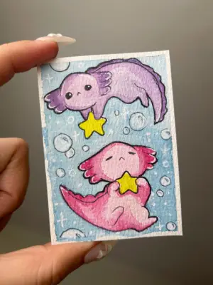 Axolotl and Stars aceo art card thumbnail 2