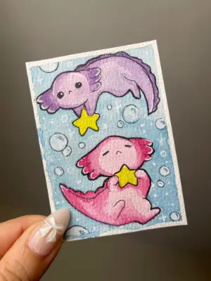 Axolotl and Stars aceo art card thumbnail 1