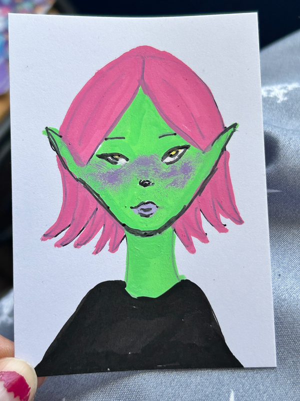 Pink And Green Alien Girly aceo art card