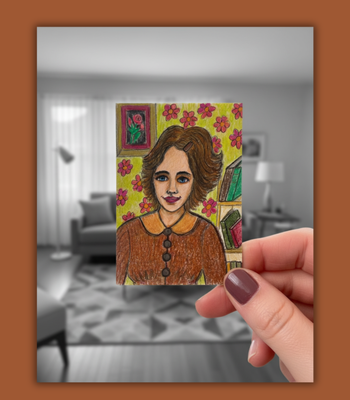Girl in the Living Room ACEO - Colored Pencil on Illustration Board - Mid-Century Girl aceo art card thumbnail 2