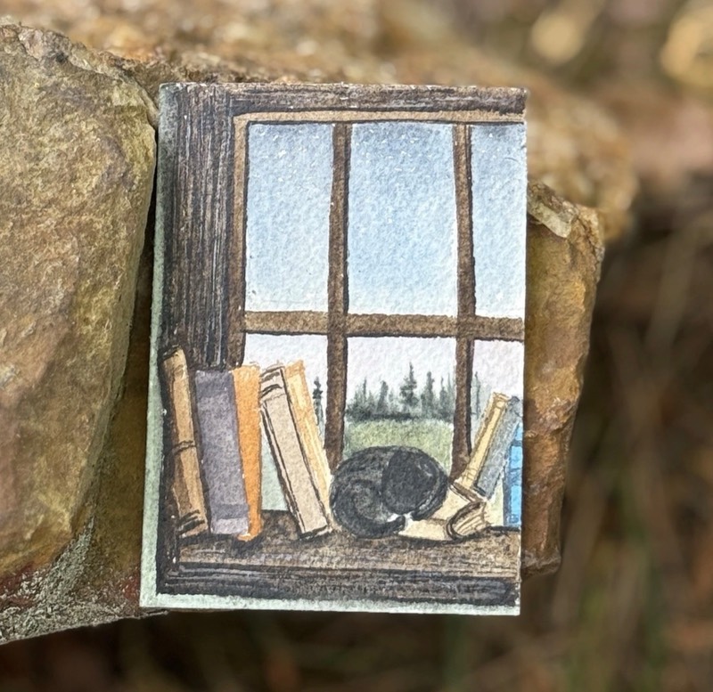 ACEO Watercolor “Sleeping Cat with Books” aceo art card