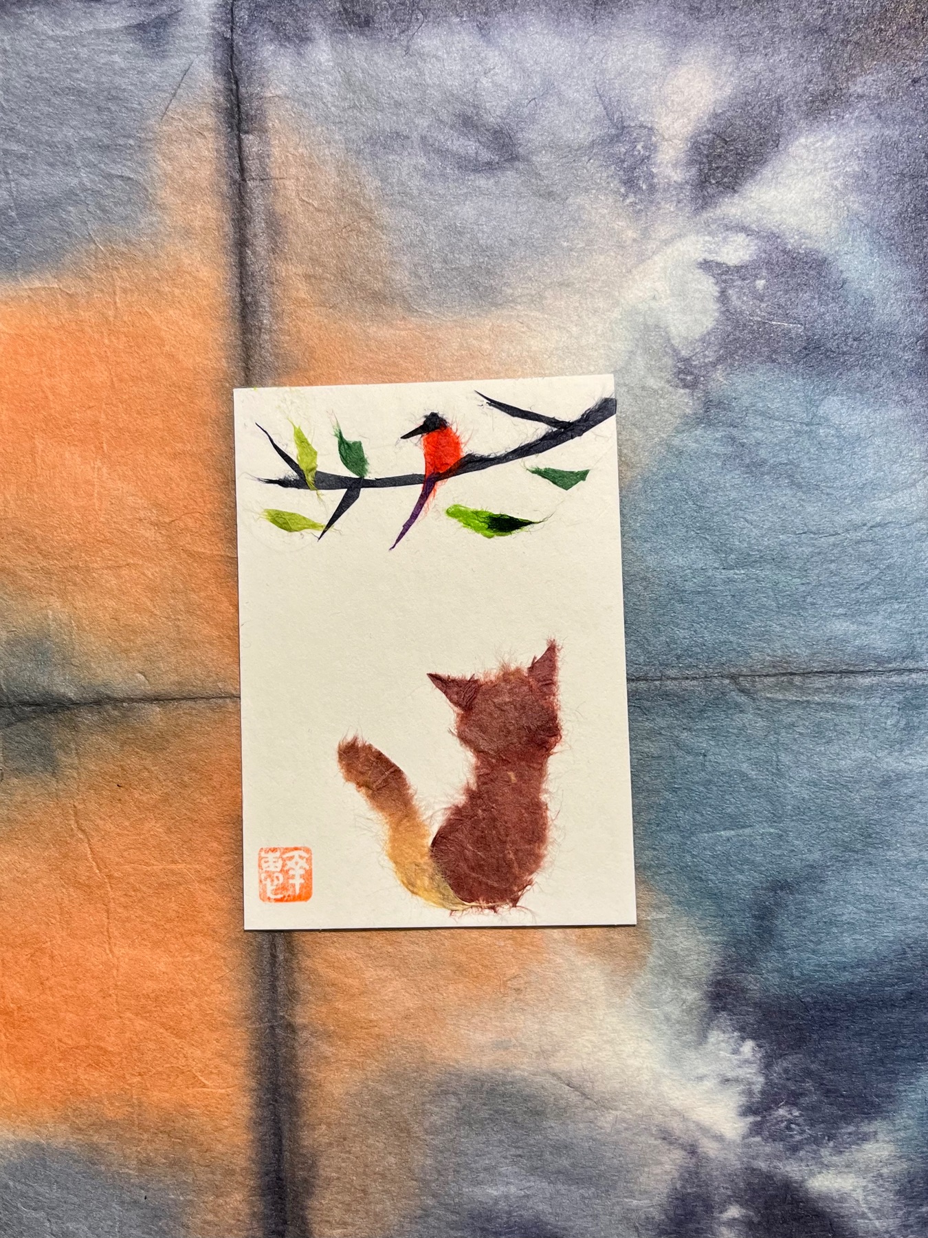 Japanese Washi Art - To be friends or ? aceo art card