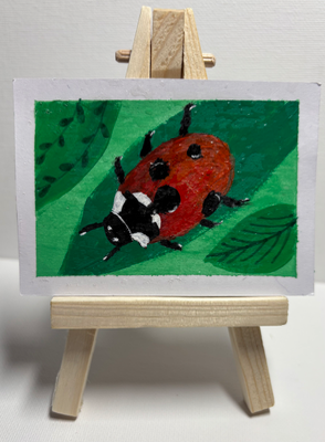 ACEO Original Ladybug on Green Leaf Acrylic Bug Art - 2.5x3.5 Mini Painting OOAK aceo art card thumbnail 2