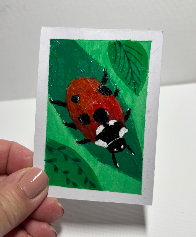 ACEO Original Ladybug on Green Leaf Acrylic Bug Art - 2.5x3.5 Mini Painting OOAK aceo art card