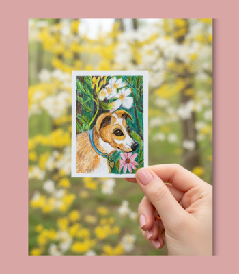 Yellow Dog and Wildflowers ACEO - Colored Pencil on Illustration Board aceo art card thumbnail 2
