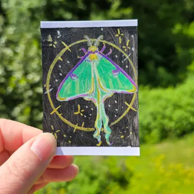Celestial Luna Moon Moth aceo art card thumbnail 1