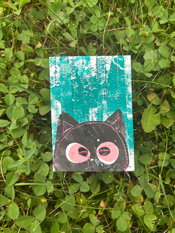 Peeping black kitty cat aceo art card
