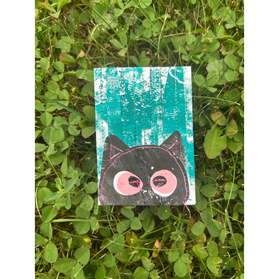 Peeping black kitty cat aceo art card thumbnail 1