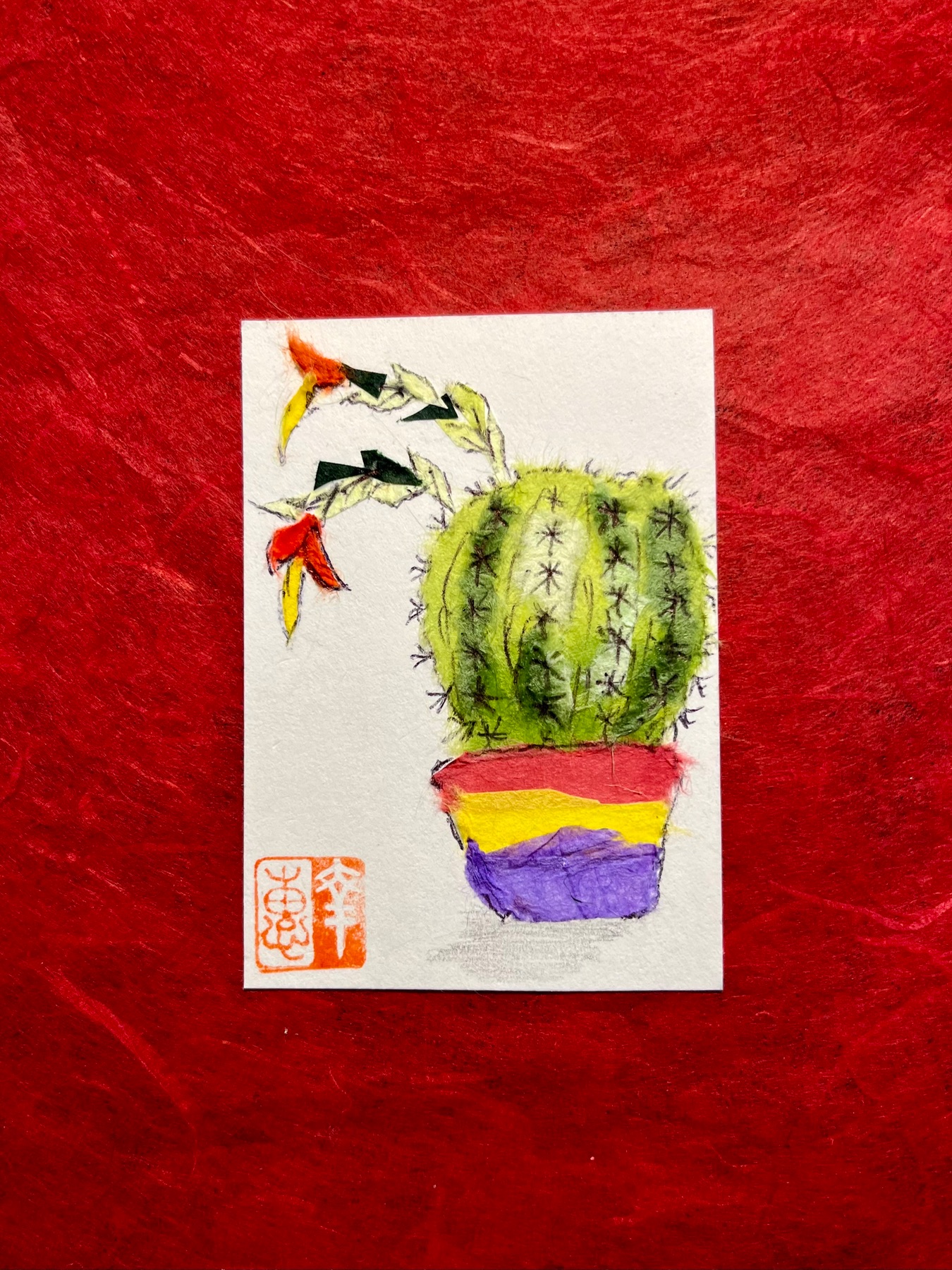 Flowering cactus - Japanese Washi art aceo art card