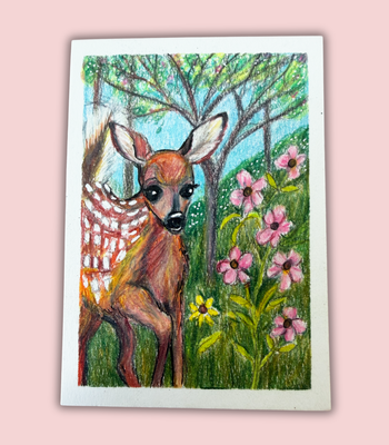 Spring Fawn ACEO - Colored Pencil & Ink on Illustration Board aceo art card thumbnail 1