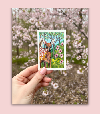 Spring Fawn ACEO - Colored Pencil & Ink on Illustration Board aceo art card thumbnail 2