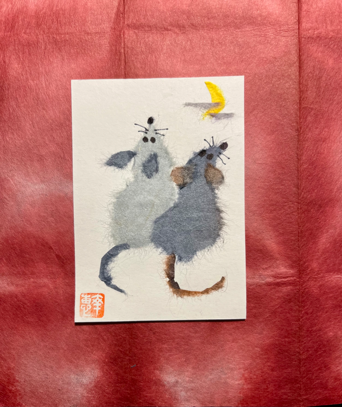 Japanese Washi art - Moon watch mice (tukimi nezumi) aceo art card