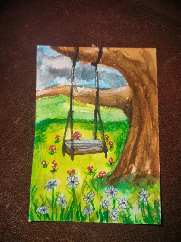 ACEO Oringinal Art ,Tree Swing, Watercolors, landscape aceo art card