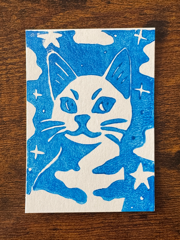 Liquid Blue Galaxy Cat Art - Hand-Carved Block Print aceo art card