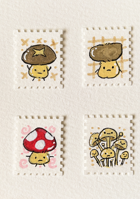 Tiny Stamps: Shroom Guys aceo art card thumbnail 1