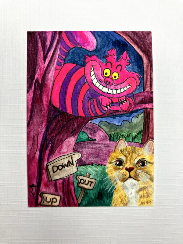 A Cat and the Cheshire Cat, Inspired by Alice in Wonderland aceo art card