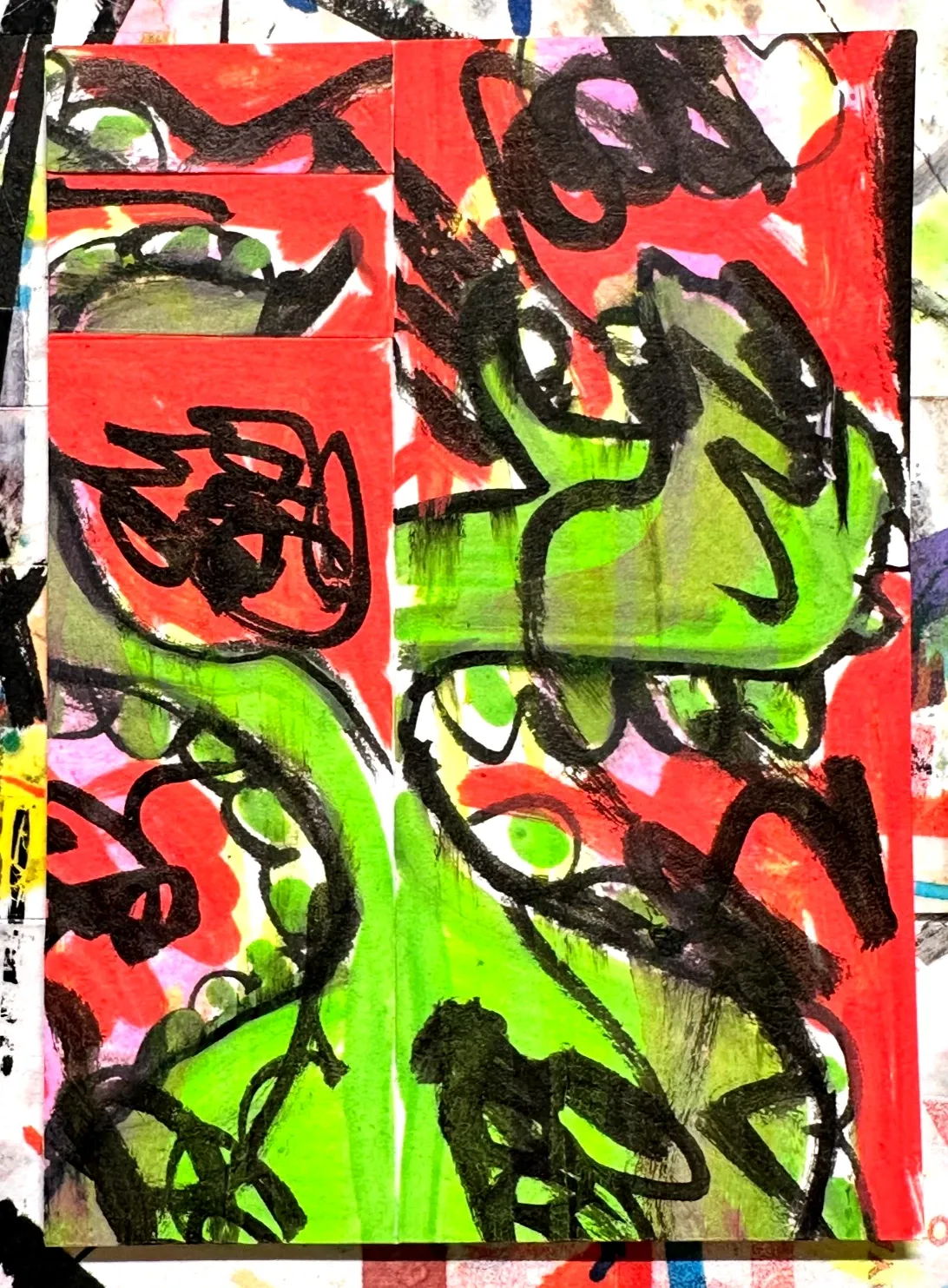 Loch Mess Abstract Collage ACEO ATC Original Art Card Red Green Alcohol Marker aceo art card