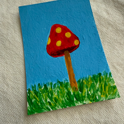 Original ACEO Acrylic Red Mushroom Toadstool Yellow Dots Nature Botanical Landscape aceo art card thumbnail 2