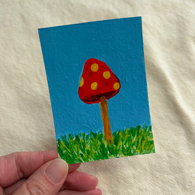 Original ACEO Acrylic Red Mushroom Toadstool Yellow Dots Nature Botanical Landscape aceo art card thumbnail 1