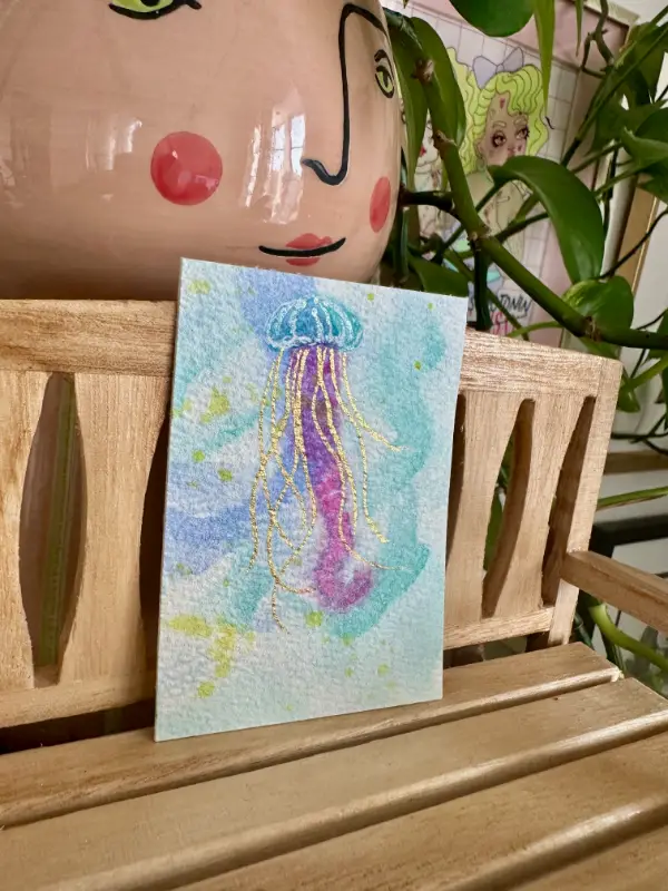 Violet Tide – Jellyfish ACEO Original Watercolor | Dreamy Ocean Mini Painting by Just Jones Studio aceo art card