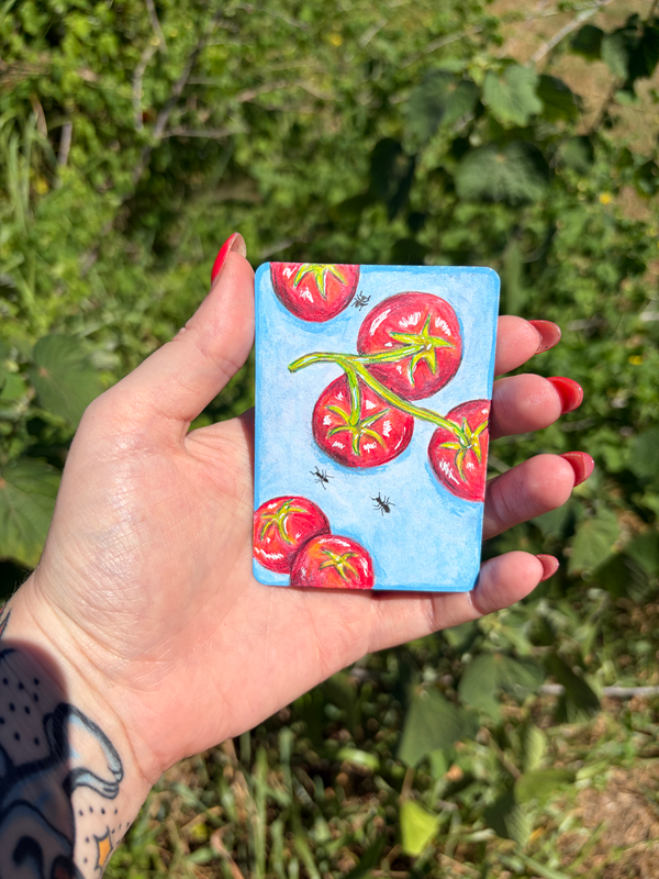 Fresh Cherry Tomatoes on a blue picnic basket with three ants aceo art card