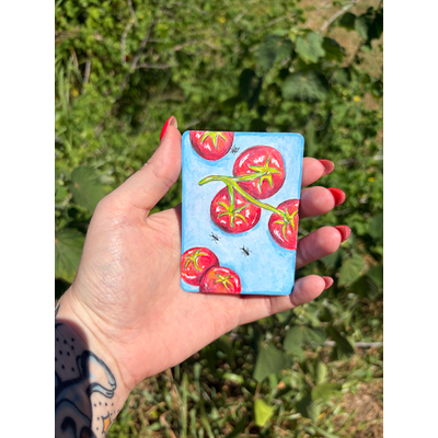 Fresh Cherry Tomatoes on a blue picnic basket with three ants aceo art card thumbnail 1