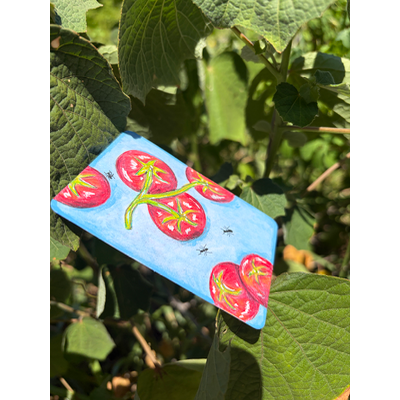 Fresh Cherry Tomatoes on a blue picnic basket with three ants aceo art card thumbnail 2