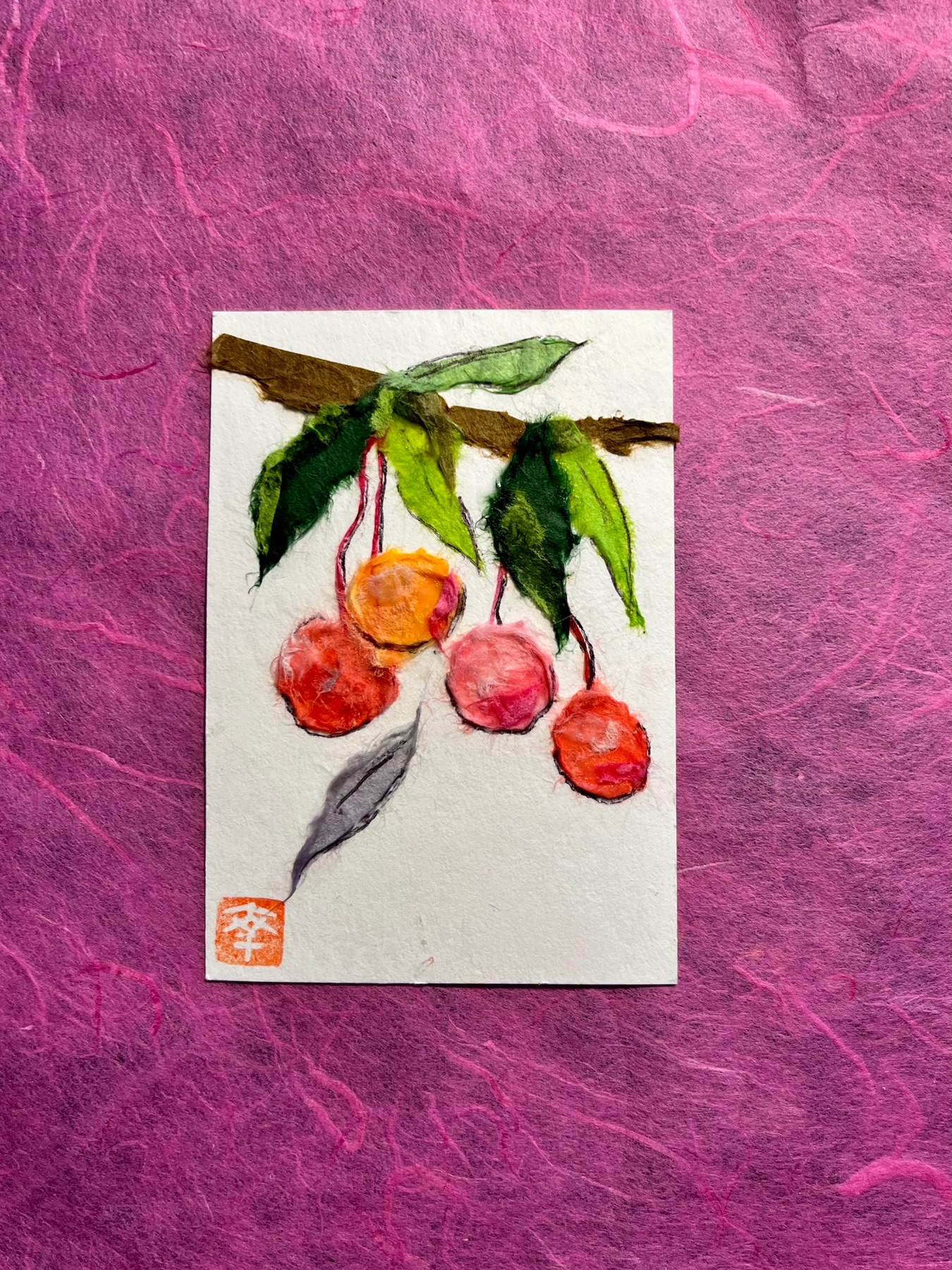 Sweet cherries (Sakuranbo) Japanese washi art aceo art card
