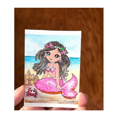 Sweet Mermaid ACEO Original Acrylic fantasy beach miniature SRA OOAK Fine Art by Edie aceo art card thumbnail 1